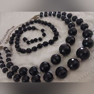 2 Vintage Black Beaded Necklaces 2 Strand Coro - 1 Glass Strand Japan